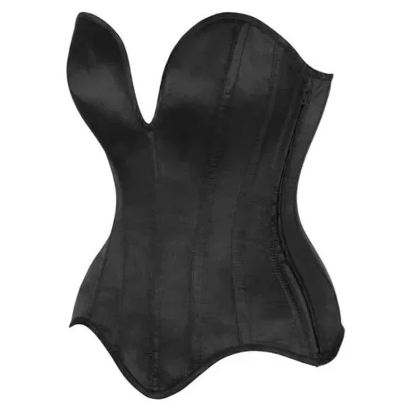 Steel Boned Black Satin Plunge Neckline Overbust Corset - Picture 2 of 3